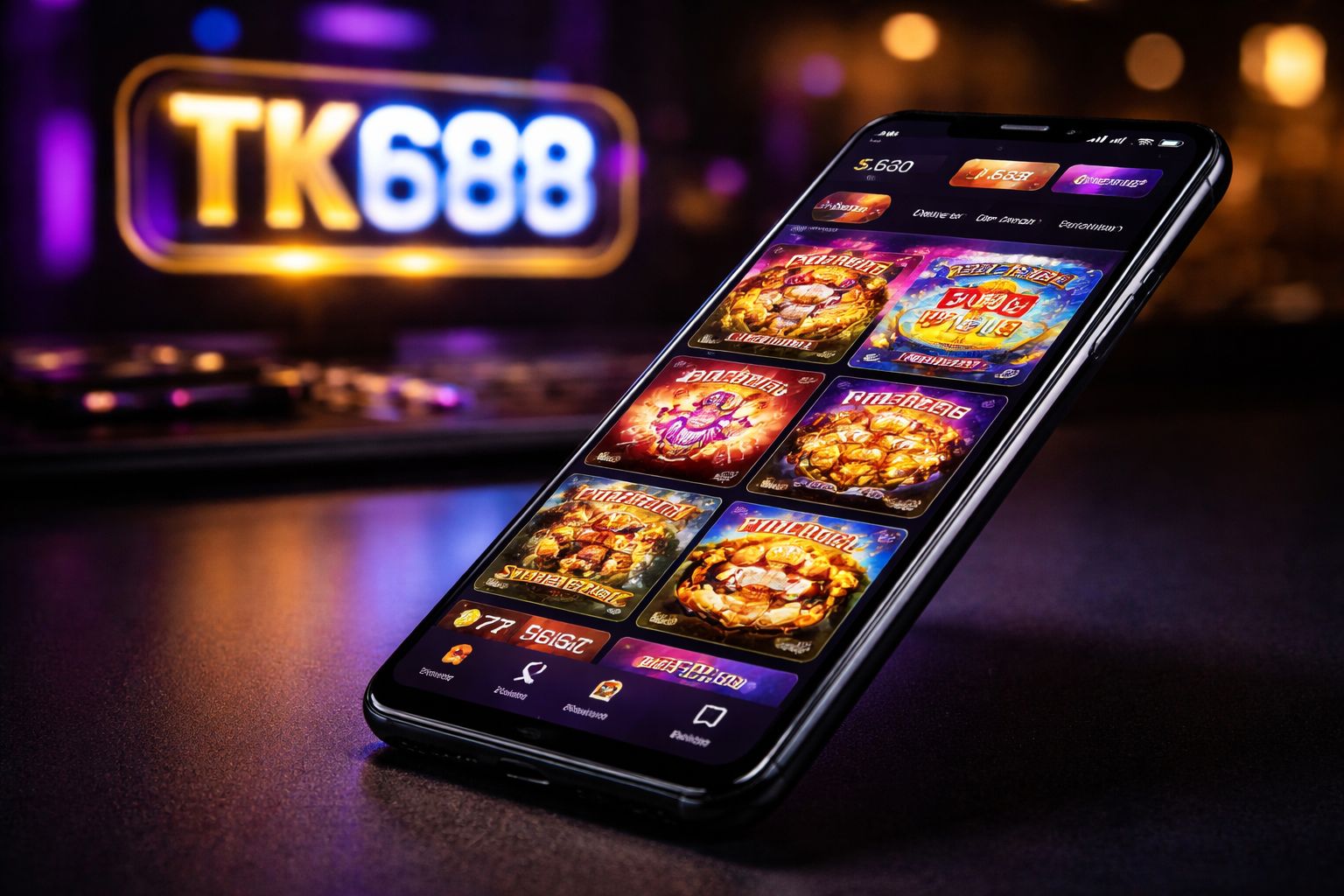 একটি আধুনিক Android ডিভাইসে প্রদর্শিত TK688 মোবাইল ক্যাসিনো প্ল্যাটফর্ম