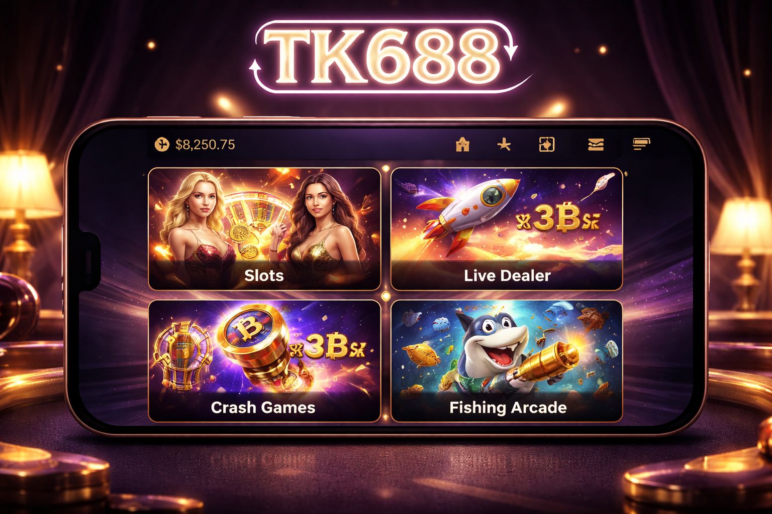 TK688 Casino gaming lobby interface displayed on mobile device